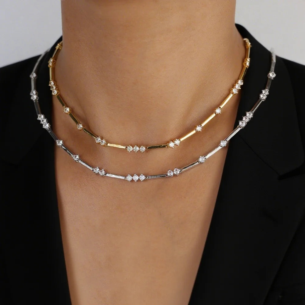 2025 New Arrived Geometric 5A Sparking Round Cubic Zirconia CZ Paved Bamboo Charm Chain Choker Necklace Fashion Women Jewelry