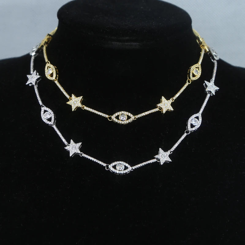 Bling Evil Eye and Star CZ Choker Necklaces for Women Paved Zircon Gold Silver Color Charm Necklace Fashion Jewelry for Party