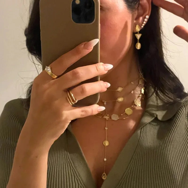 2025 New Fashion Women Jewelry Set Geoemtric Charm CZ Station Link Chain Gold Color Dangle Earring Long Double Layer Necklace