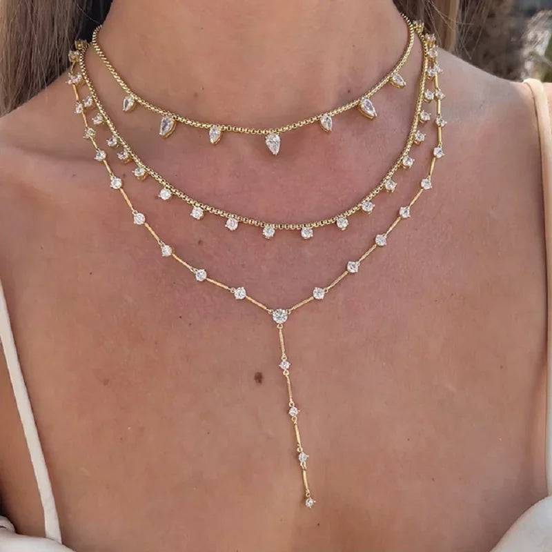 Geometric CZ Station Link Chain Choker Sexy Long Lariat Women Necklace High Quality Iced Out Zirconia Fashion Jewelry