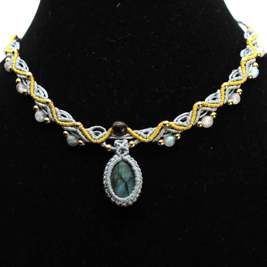 Braided Macrame Labradorite Crystal Stone Pendant Necklace For Women Natural Spectrolite Rope Wrap Weave Chain Necklace Jewelry