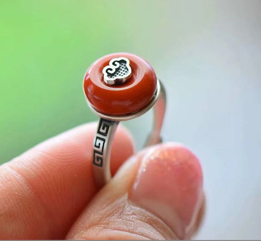 Palace style retro Nanhong agate natural Hetian ring for women