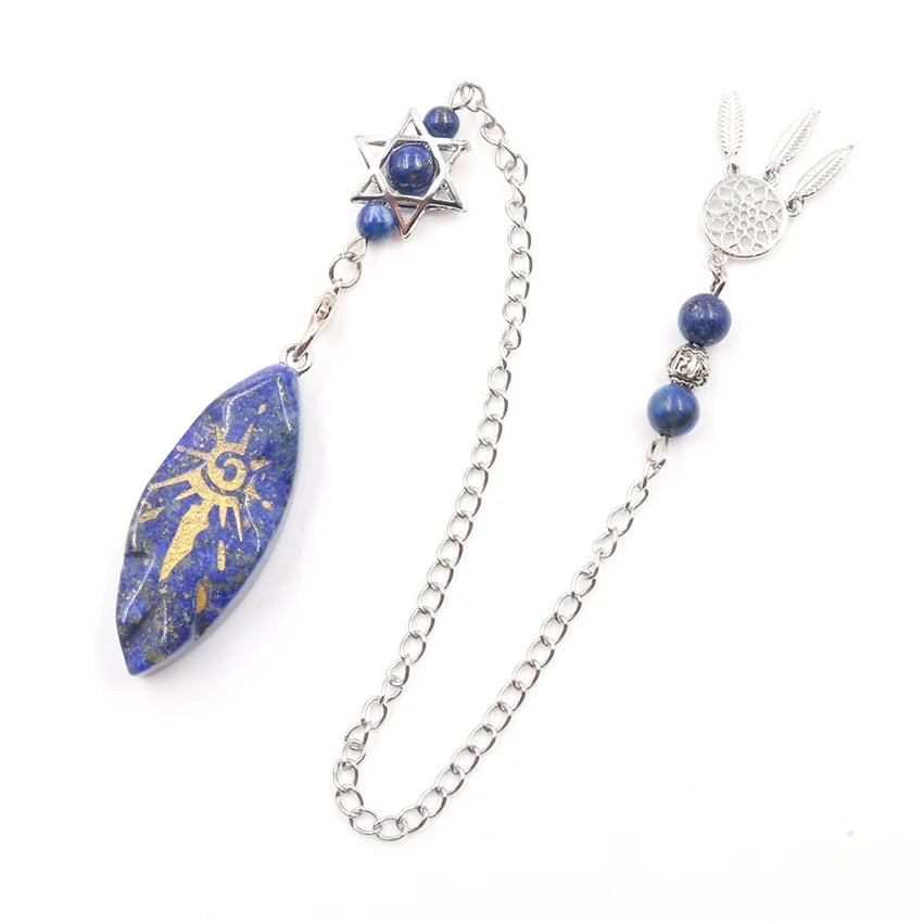 Silver Plated Geometric Lapis Lazuli Sun Symbol Pendulum for Dowsing Pendant with Stone Beads Chain Ethnic Style Jewelry