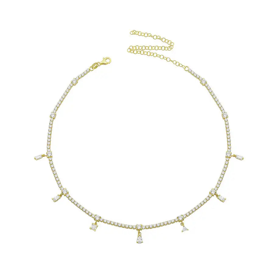2mm Slim Tennis Chain Geometric Various Shaped CZ Drop Charm Sparking Bling Fashion Women Choker Necklace