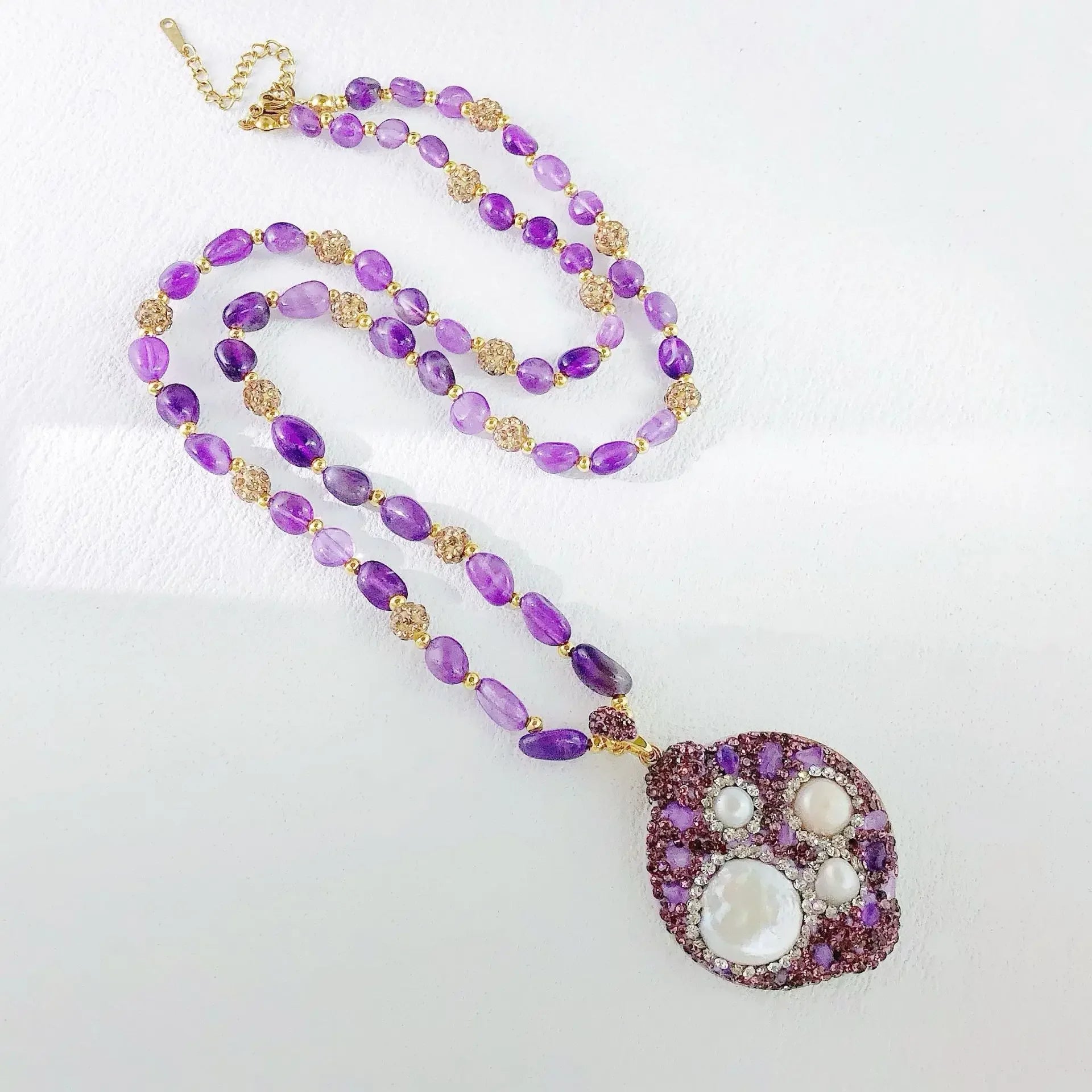 Fashion Amethyst Pendant Necklace Shell Inlaid Natural Freshwater Pearls Necklaces Long Sweater Chain Collar Women Jewelry Gifts