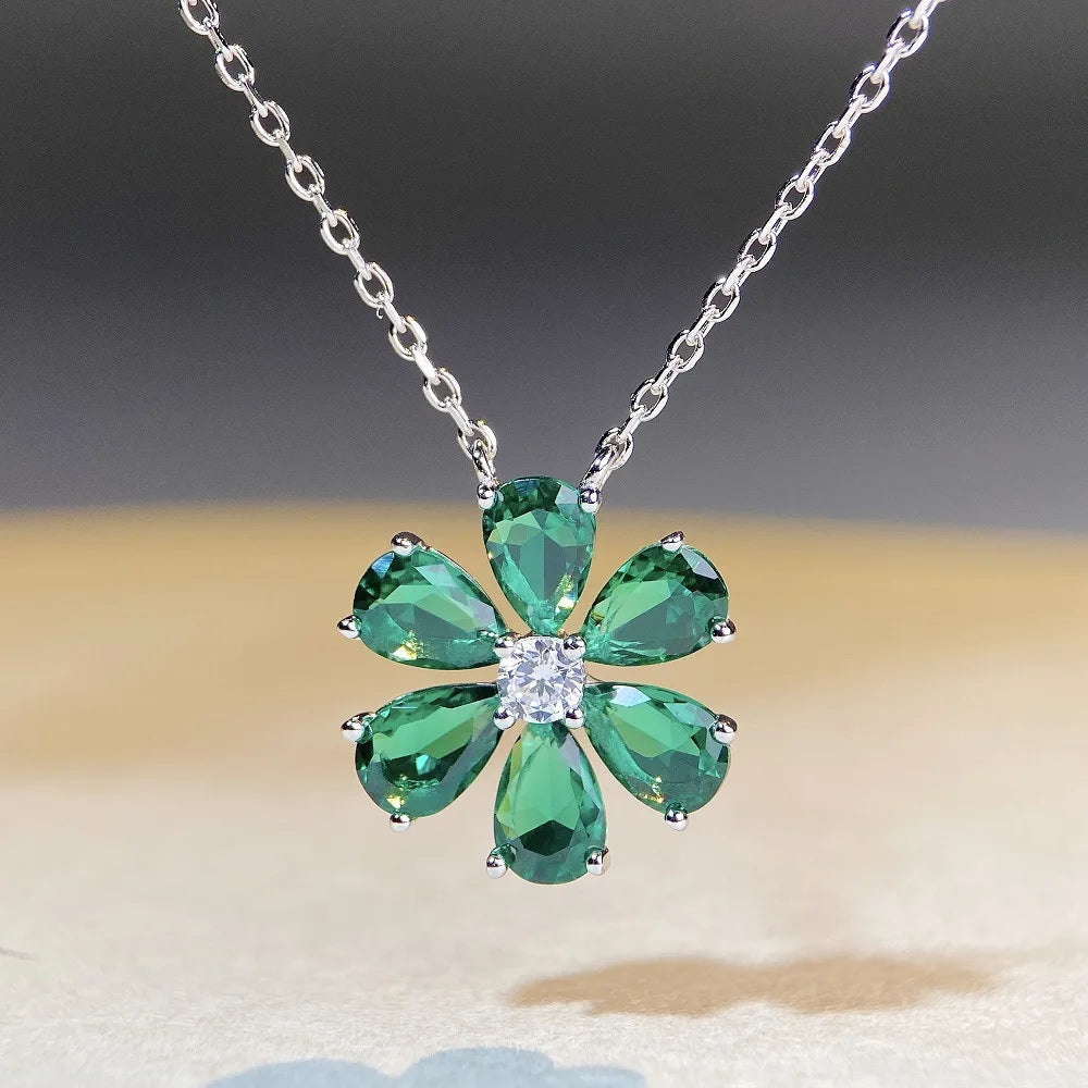 925 Sterling Silver Flower Necklace, Women's Emerald Pendant, Ins Style Collarbone Chain Series Chain