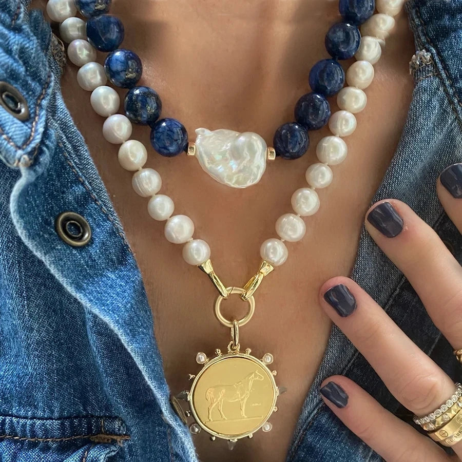 Fashion Classic Natural Pearl Sodalite Necklace Man Women Retro Charm Horse Coin Pendant Choker Party Banquet Jewelry Accessory