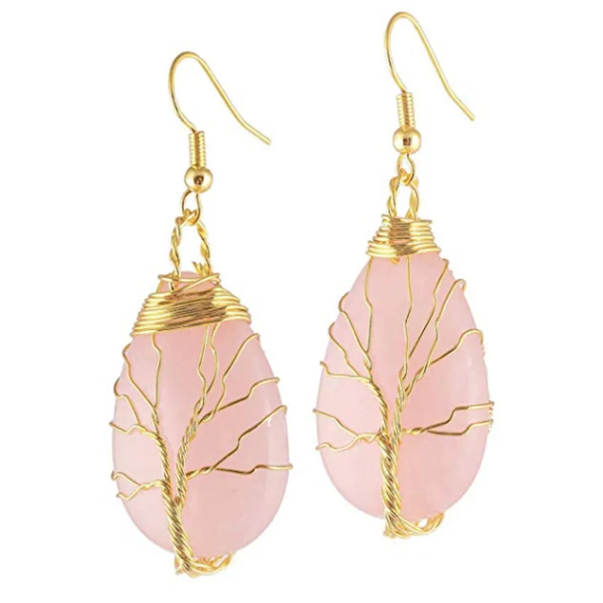 FYJS Unique Light Yellow Gold Color Wire Wrap Natural Rose Pink Quartz Water Drop Earrings Tiger Eye Stone Jewelry