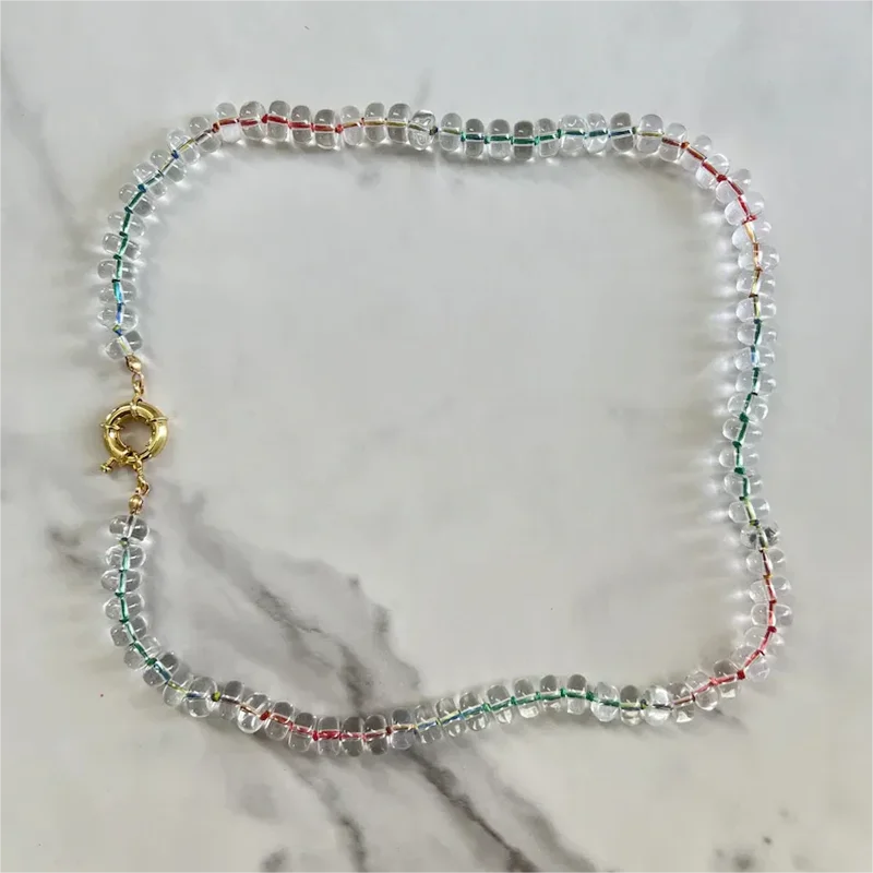 Summer Natural Crystal Beads Handmade Necklace for Women Jewelry Stainless Steel Lock Vintage Style Classic Fashion Chain