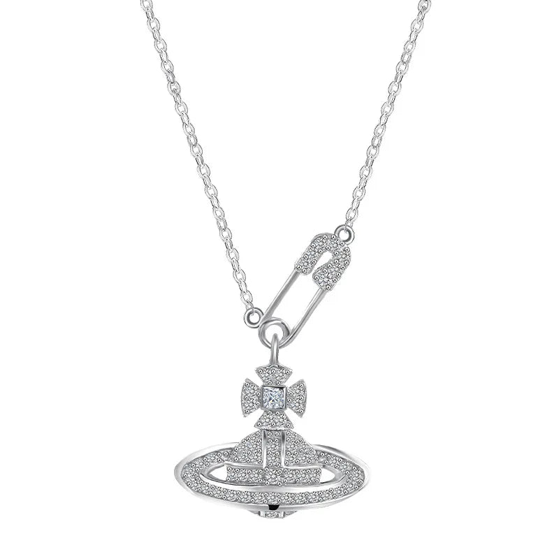 Kitykiss S925 sterling silver Queen Mother full zirconium pin Saturn shape necklace high quality necklace