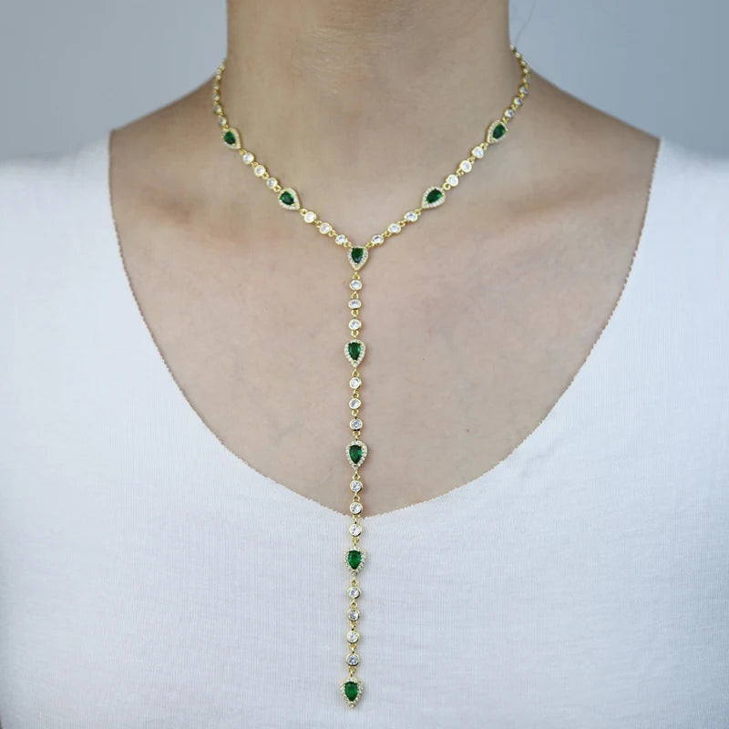 Summer New Colorful Women Jewelry Gold Plated Red Blue Green White Tear Drop Round CZ Link Chain Sexy Y Lariat Long Necklace